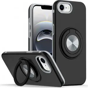[QBRING-iP16E-BK] For iPhone 16E / SE4 Metal CD Pattern Matte Finished Hybrid with Rotational Ring [Car Mount Friendly 