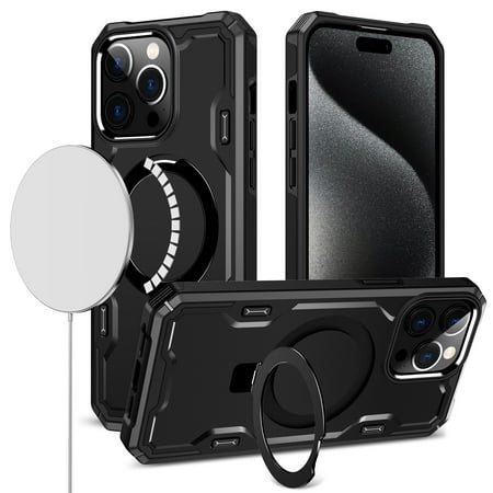 [MGBASC-iP15-BK] For iPhone 15 Magnetic Ring Stand Simplistic Tough Hybrid Case Cover - Black 