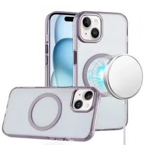 [MGACRLC-iP15-LPrp] For iPhone 15 Magnetic Circle Ring Transparent Premium Acrylic with Metal Buttons & Camera Raised Li 