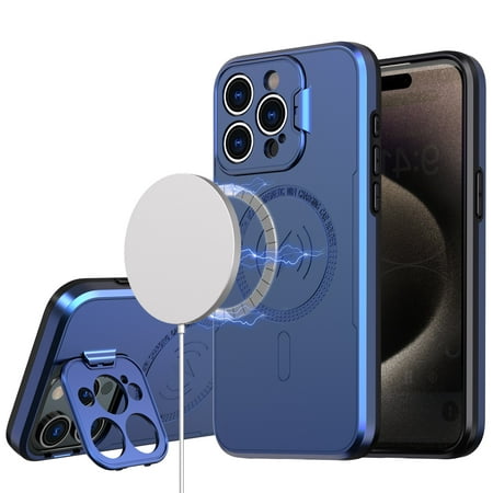 [MGCAP-iP15-Blue] For iPhone 15 Magnetic Ring Circle Camera Cap KickStand Hybrid UV Paint Matte Finish Case - Blue 