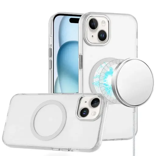[MGACRLC-iP15-Clr] For iPhone 15 Magnetic Circle Ring Transparent Premium Acrylic with Metal Buttons & Camera Raised Lip - Clear 