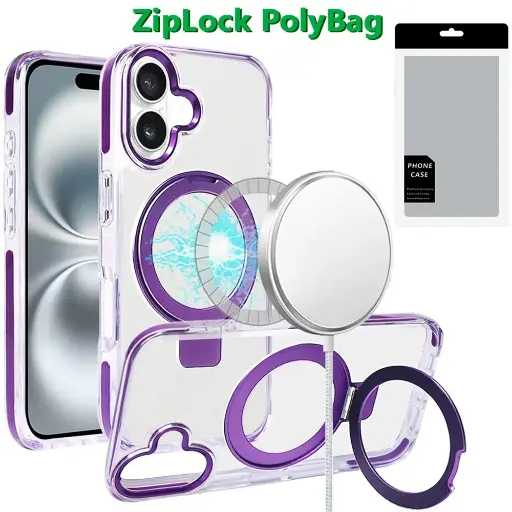 [PGWNHYA-iP16-PRP] [PolyBag] For iPhone 16 6.1 inch Magnetic Tough Trasparent Hybrid with Stand - Purple 