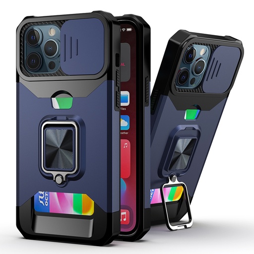 [QBCRCM-IP11-BLUE] iPhone 11 Xi6.1 Multi-functional Card Magnetic Ring Stand Hybrid Camera Case Cover - Blue