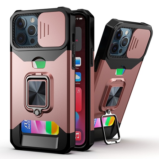 [QBCRCM-IP11-RGOLD] iPhone 11 Xi6.1 Multi-functional Card Magnetic Ring Stand Hybrid Camera Case Cover - Rose Gold
