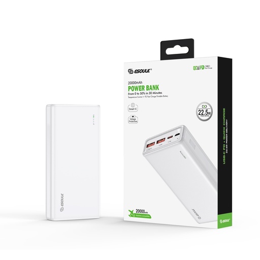 [EP29-WH] BK:20000mAh PD+QC Power Bank 22.5W White  