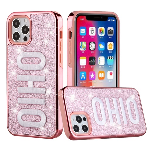 [QBEMBR-iP126.1-OHIO] iPhone 12 & iPhone 12 Pro (Open Camera Hole) Embroidery Bling Glitter Chrome Hybrid Case Cover - OHIO on Pink
