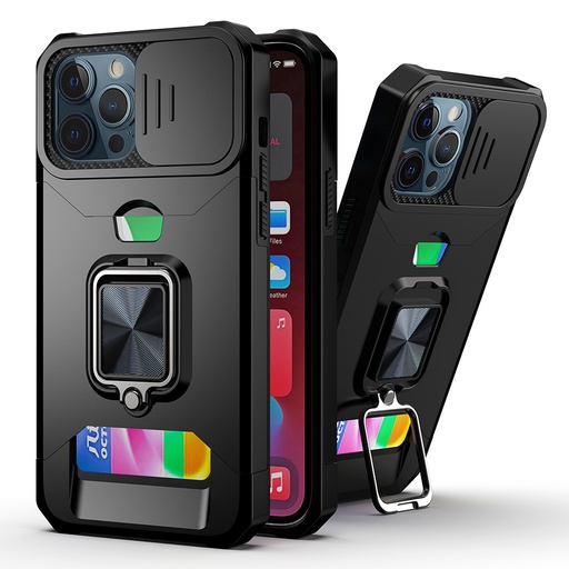 [QBCRCM-iP126.1-BK] iPhone 12 & iPhone 12 Pro (Open Camera Hole) Multi-Functional Card Magnetic Ring Stand Hybrid Camera Case Cover - Black