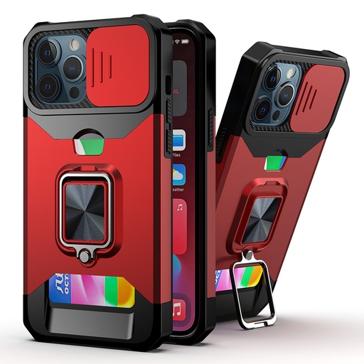 [QBCRCM-iP126.1-Red] iPhone 12 & iPhone 12 Pro (Open Camera Hole) Multi-Functional Card Magnetic Ring Stand Hybrid Camera Case Cover - Red