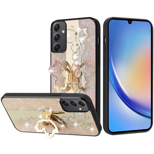 [QBSPLNDX-A15-GEBK] Samsung A15 5G SPLENDID Diamond Glitter Ornaments Engraving Case Cover - Enchanted Butterfly Gold