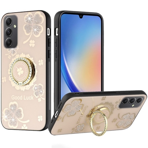 [QBSPLNDX-A15-GGLF] Samsung A15 5G SPLENDID Diamond Glitter Ornaments Engraving Case Cover - Good Luck Floral Gold