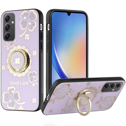 [QBSPLNDX-A15-PGLF] Samsung A15 5G SPLENDID Diamond Glitter Ornaments Engraving Case Cover - Good Luck Floral Purple