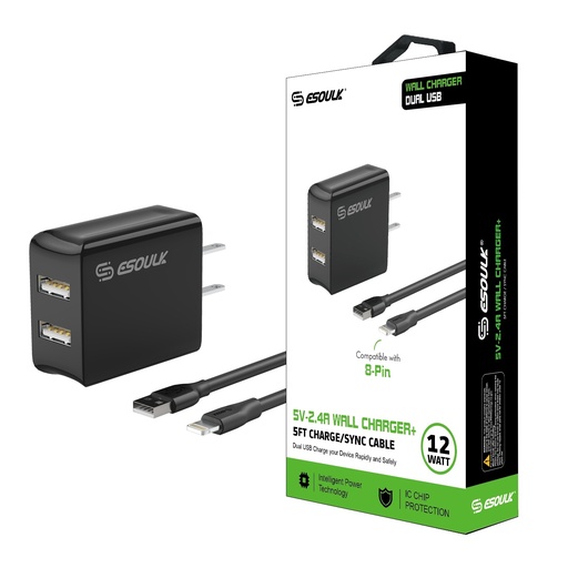 [EC44P-IP-BK] Esoulk 12W 2.4A Dual USB Travel Wall Charger With 5FT Charging Cable For IPhone
